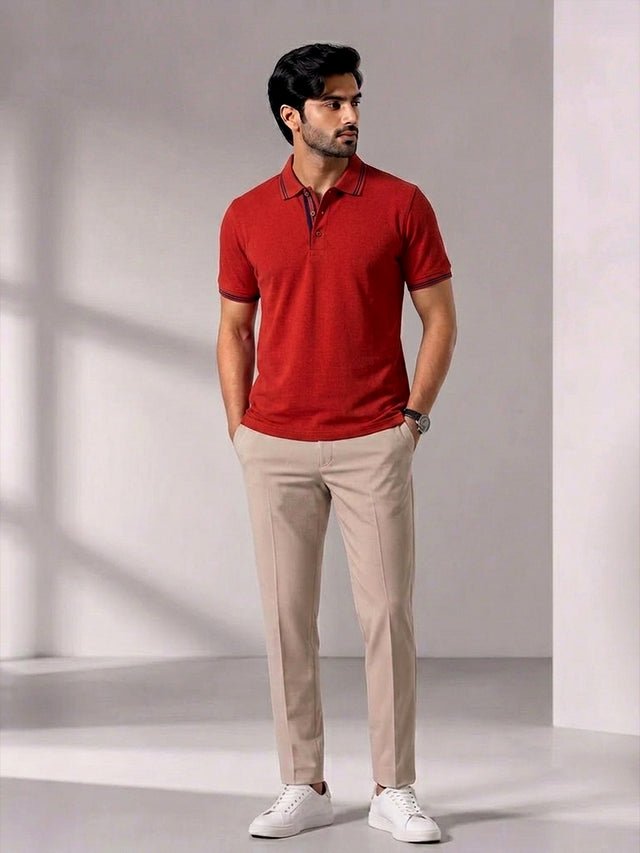Elvn Men Solid Textured Polo Shirt - Rust