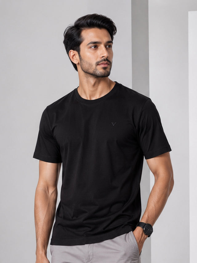 Elvn Plain Round Neck Black T-Shirt for Men