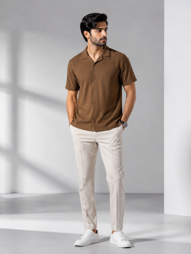 Elvn Plain Camp Collar Half Sleeve Shirt for Men