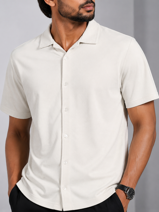 Elvn Plain Camp Collar Half Sleeve Shirt for Men
