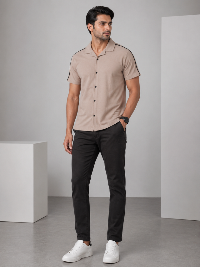 Elvn Retro Style Contrast Piping Beige Casual Shirt