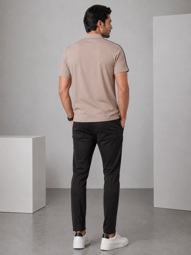 Elvn Retro Style Contrast Piping Beige Casual Shirt