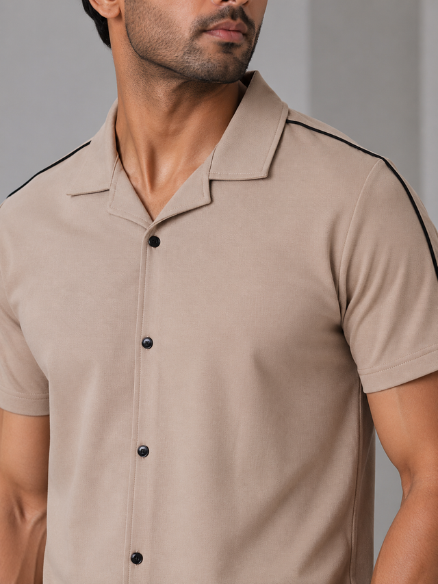 Elvn Retro Style Contrast Piping Beige Casual Shirt