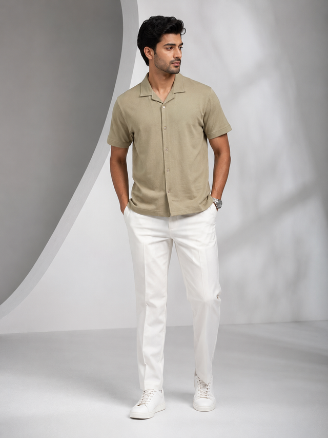 Elvn Plain Camp Collar Half Sleeve Shirt for Men
