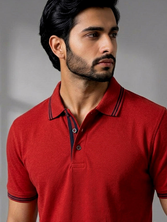 Elvn Men Solid Textured Polo Shirt - Rust
