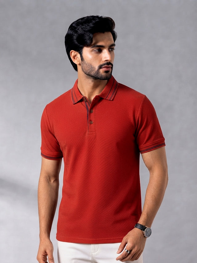 Elvn Men Solid Textured Polo Shirt - Rust