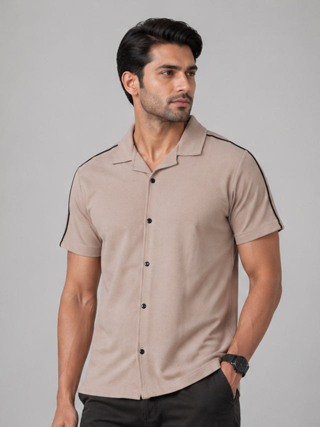 Elvn Retro Style Contrast Piping Beige Casual Shirt