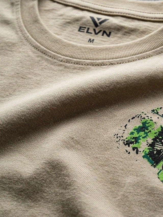 ELVN Character Graphic Print Crew Neck T-Shirt - Beige