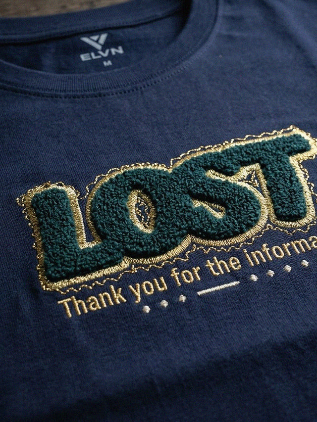 ELVN Lost Typography Print Crew Neck T-Shirt - Navy Blue