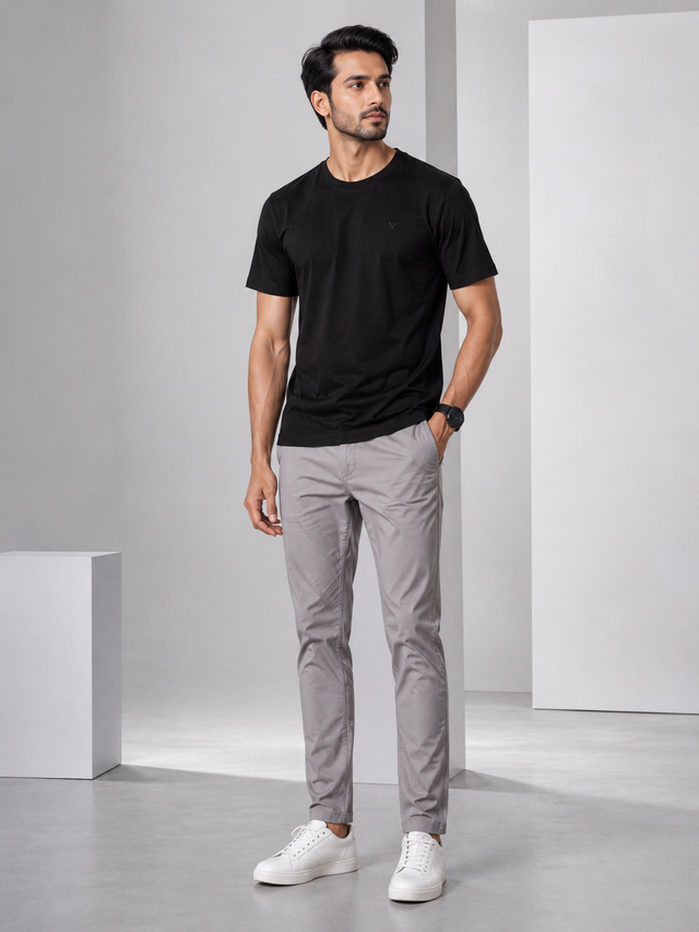 Elvn Plain Round Neck Black T-Shirt for Men